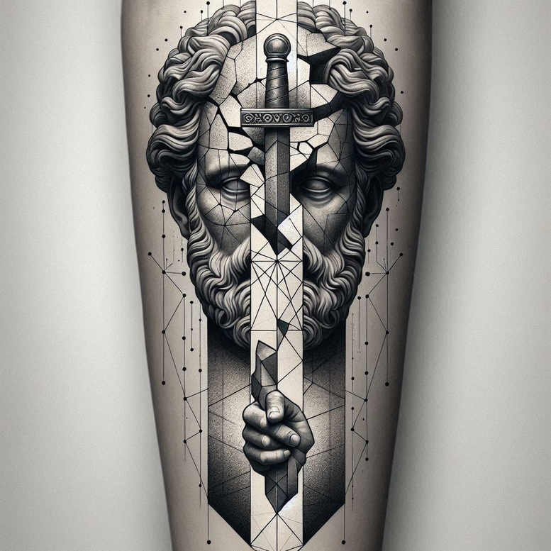 abstract-motif-figure-tattoo – tattoo design ideas free ai generated – haunted – for-shoulder-blade – Gallery: surrealistic-characters-inkby-ai