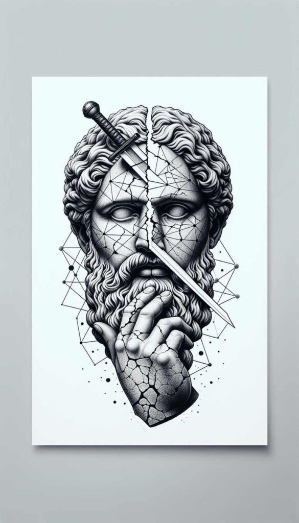 abstract-motif-figure-tattoo – tattoo design ideas free ai generated – tar – for-chest – Gallery: surrealistic-characters-inkby-ai