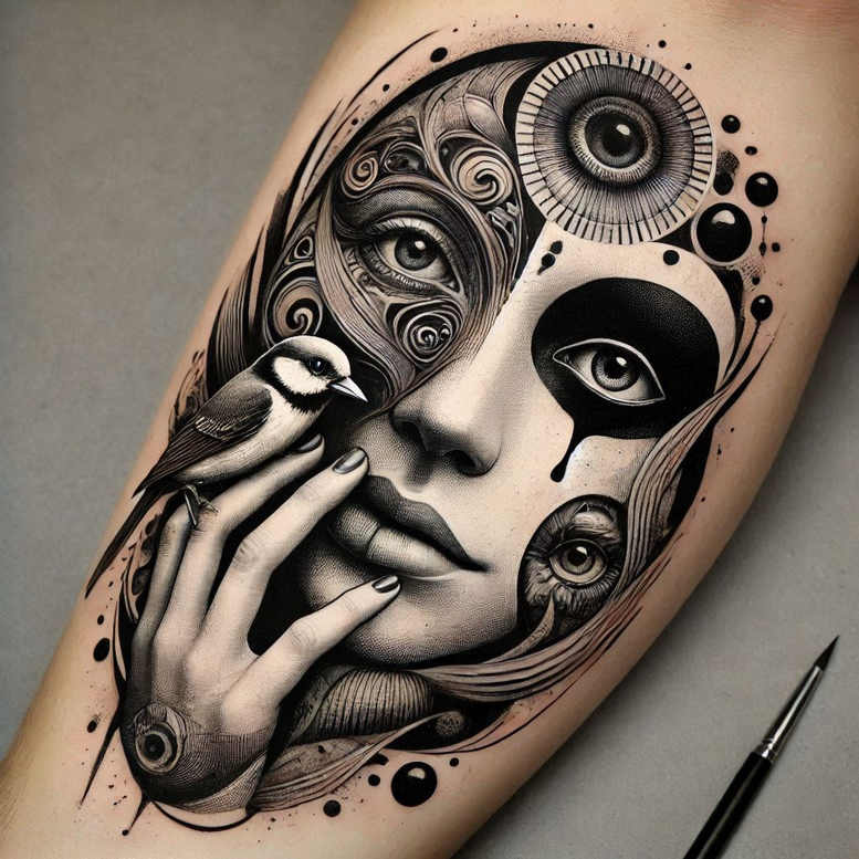 dotted-figure-tattoo – tattoo design ideas free ai generated – distorted – for-upper-arm – Gallery: surrealistic-characters-inkby-ai