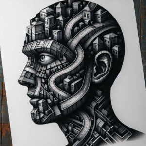 energetic-figure-tattoo – tattoo design ideas free ai generated – creeping-shadow – for-sternum – Gallery: surrealistic-characters-inkby-ai