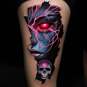 illusion-motif-figure-tattoo – tattoo design ideas free ai generated – grotesque – for-lower-leg – Gallery: surrealistic-characters-inkby-ai