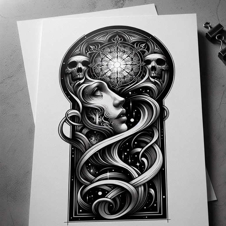 moving-figure-tattoo – tattoo design ideas free ai generated – foreboding – for-triceps – Gallery: surrealistic-characters-inkby-ai