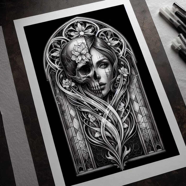 spiritual-motif-figure-tattoo-for-men – tattoo design ideas free ai generated – faded-memory – for-nape – Gallery: surrealistic-characters-inkby-ai
