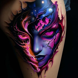 surrealism-motif-figure-tattoo – tattoo design ideas free ai generated – freaky – for-lower-thigh – Gallery: surrealistic-characters-inkby-ai