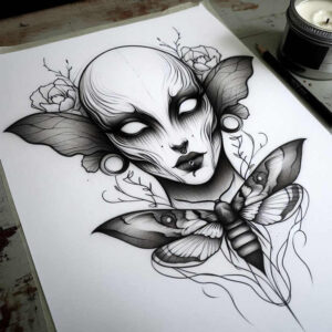 symbolic-figure-tattoo – tattoo design ideas free ai generated – bleak – for-lower-chest – Gallery: surrealistic-characters-inkby-ai