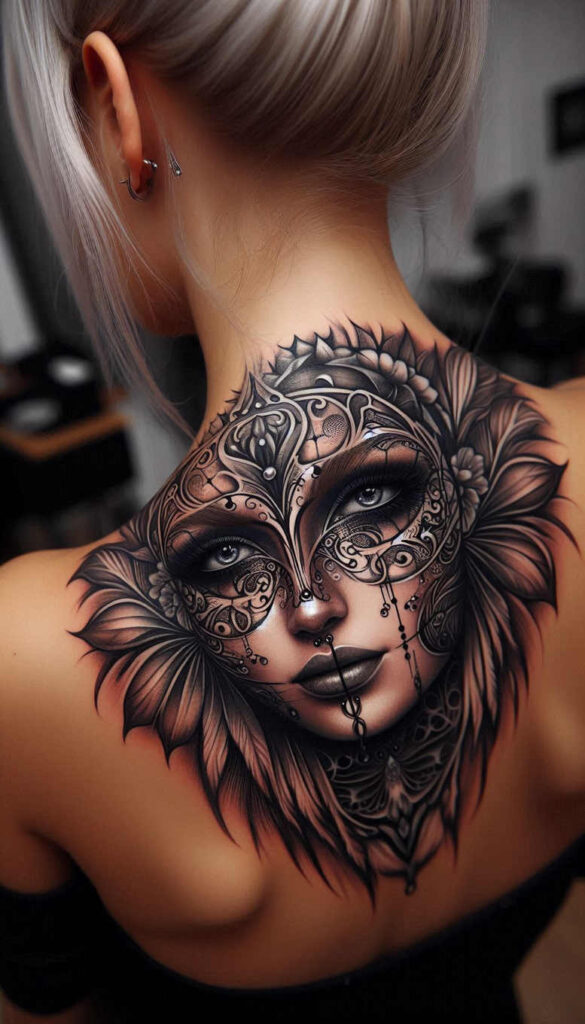 surrealistic-characters tattoo design ideas high-contrast dual identity for sternum