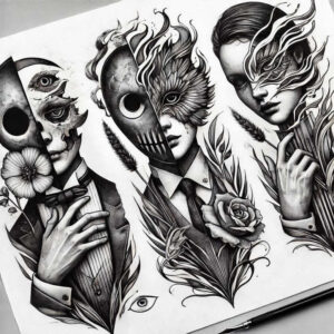 surrealistic-characters tattoo design ideas solid blacks hybrid form symbolising resilience