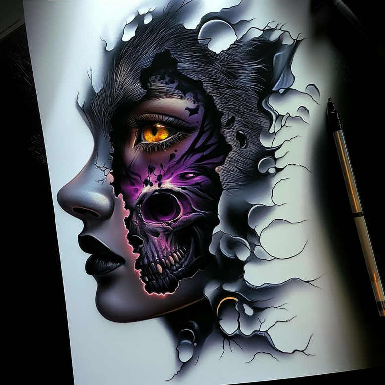 surrealistic-characters tattoo design ideas photo-realistic hyperreal expression for sternum