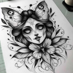surrealistic-characters tattoo design ideas Realism textured skin melted form for upper arm