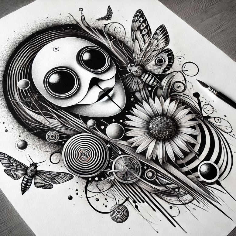 surrealistic-characters tattoo design ideas line-art unreal creature for hip