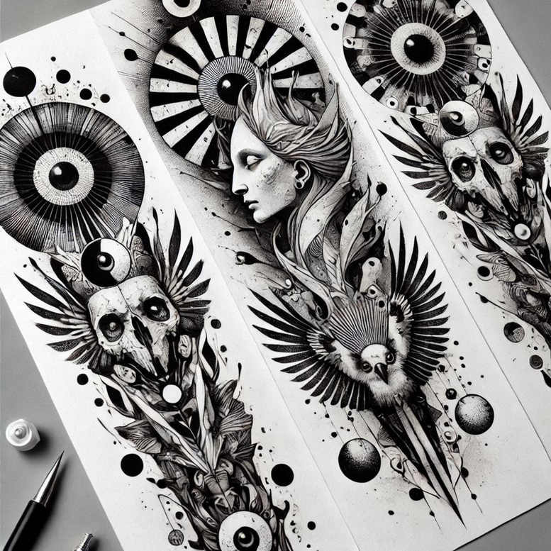 wavy-motion-figure-tattoo – tattoo design ideas free ai generated – broken – for-palm – Gallery: surrealistic-characters-inkby-ai