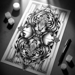 abstract-tiger – tattoo design ideas free ai generated – neotraditional-bold-texture – for-stomach – Gallery: tigers-inkby-ai