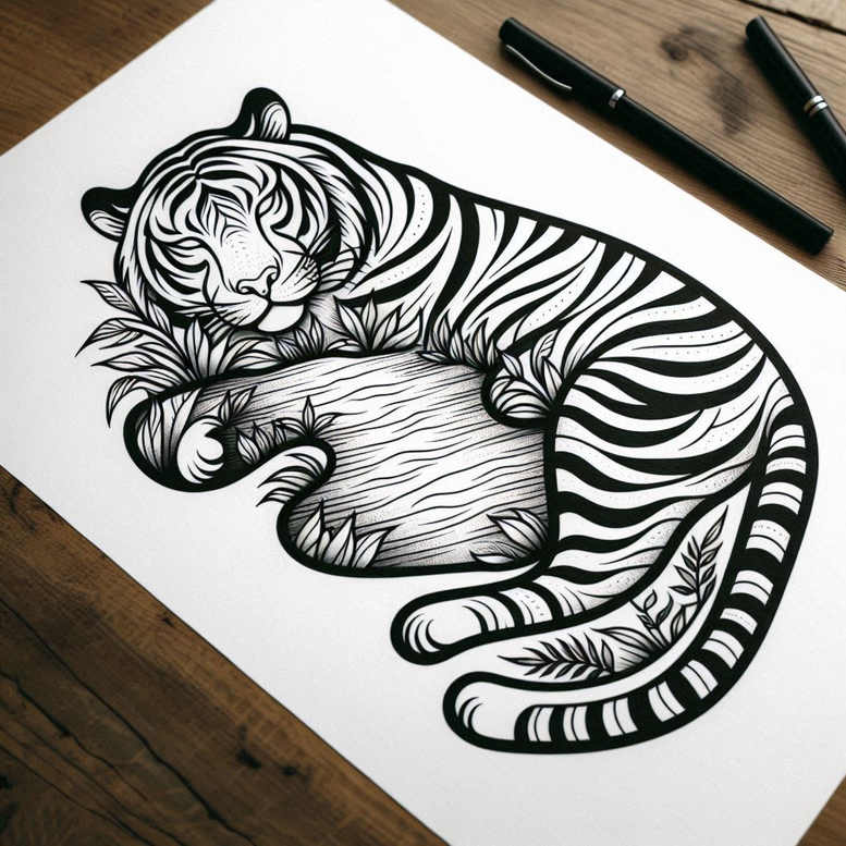 minimalist-tiger-tattoo – tattoo design ideas free ai generated – realism-realistic-lighting – for-upper-back – Gallery: tigers-inkby-ai
