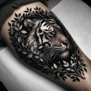 tiger-battle-motif – tattoo design ideas free ai generated – surrealism-hyperreal – for-outer-arm – Gallery: tigers-inkby-ai