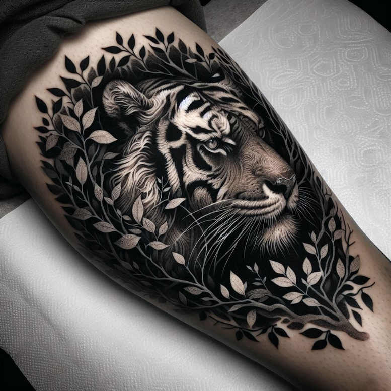 tiger-battle-motif – tattoo design ideas free ai generated – surrealism-hyperreal – for-outer-arm – Gallery: tigers-inkby-ai