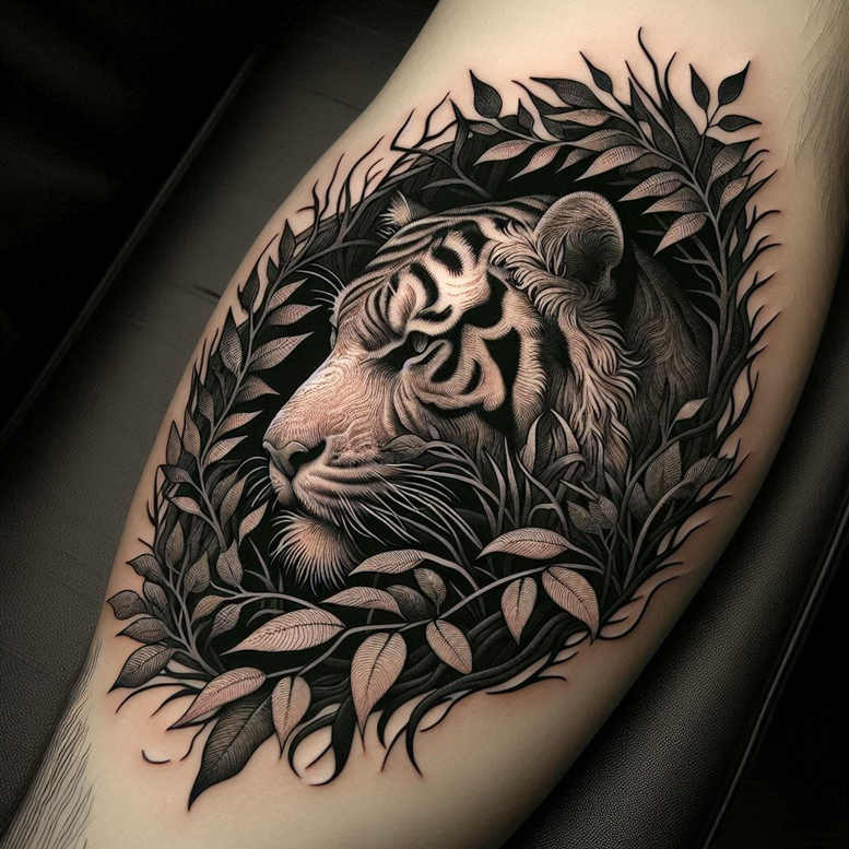 tiger-courage-symbol – tattoo design ideas free ai generated – surrealism-distorted-reality – for-thigh – Gallery: tigers-inkby-ai