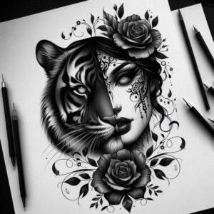 tiger-energy-motif – tattoo design ideas free ai generated – neotraditional-bright-color – for-sternum – Gallery: tigers-inkby-ai
