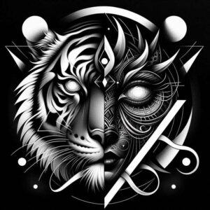 tiger-mystery-motif – tattoo design ideas free ai generated – neotraditional-rich-blacks – for-lower-arm – Gallery: tigers-inkby-ai
