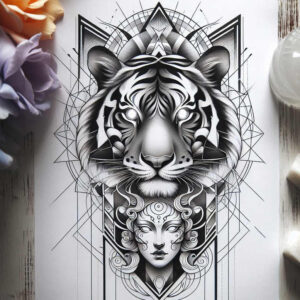 tiger-ornamentation – tattoo design ideas free ai generated – realism-real-ink-flow – for-upper-thigh – Gallery: tigers-inkby-ai