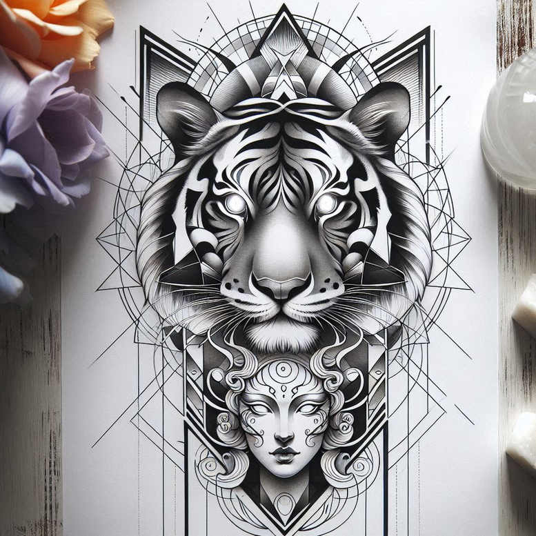 tiger-ornamentation – tattoo design ideas free ai generated – realism-real-ink-flow – for-upper-thigh – Gallery: tigers-inkby-ai