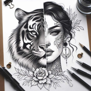 tiger-with-3d-effect – tattoo design ideas free ai generated – neotraditional-bold-highlights – for-calf – Gallery: tigers-inkby-ai