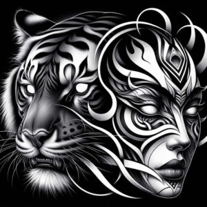 tiger-with-color – tattoo design ideas free ai generated – surrealism-blurred-boundaries – for-back-of-neck – Gallery: tigers-inkby-ai