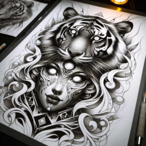 tiger-with-contour – tattoo design ideas free ai generated – neotraditional-enhanced-shading – for-lower-back – Gallery: tigers-inkby-ai