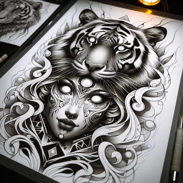 tiger-with-contour – tattoo design ideas free ai generated – neotraditional-enhanced-shading – for-lower-back – Gallery: tigers-inkby-ai