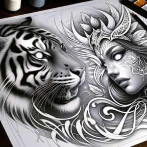 tiger-with-dots – tattoo design ideas free ai generated – surrealism-spectral-hues – for-shoulder – Gallery: tigers-inkby-ai