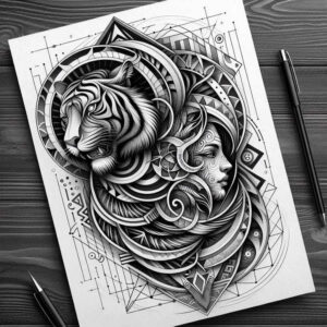 tiger-with-geometric-detail – tattoo design ideas free ai generated – neotraditional-vivid-detail – for-lower-chest – Gallery: tigers-inkby-ai