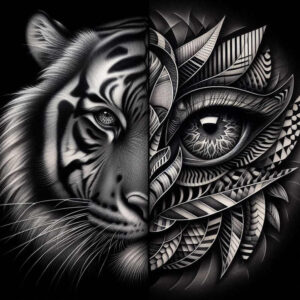 tiger-with-geometric-detail – tattoo design ideas free ai generated – surrealism-subconscious-themes – for-lower-thigh – Gallery: tigers-inkby-ai