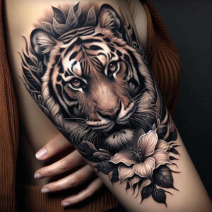 tiger-with-ornament – tattoo design ideas free ai generated – surrealism-dynamic-shapes – for-ankle – Gallery: tigers-inkby-ai