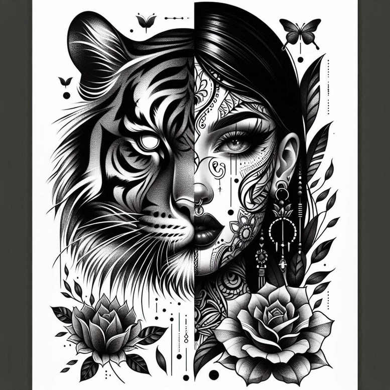 tiger-with-ornamental-details – tattoo design ideas free ai generated – realism-high-contrast – for-knee – Gallery: tigers-inkby-ai