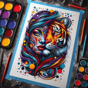 tiger-with-plant-ornaments – tattoo design ideas free ai generated – neotraditional-classic-motifs – for-thigh – Gallery: tigers-inkby-ai