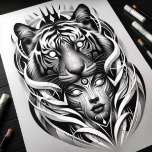 tiger-with-plant-ornaments – tattoo design ideas free ai generated – realism-ink-layering – for-back-shoulder – Gallery: tigers-inkby-ai