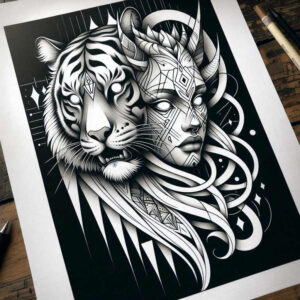 tiger-with-shadow-and-light – tattoo design ideas free ai generated – surrealism-enigmatic – for-full-back – Gallery: tigers-inkby-ai