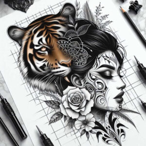 tiger-with-shadow – tattoo design ideas free ai generated – realism-sharp-focus – for-triceps – Gallery: tigers-inkby-ai
