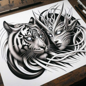 tribal-tiger – tattoo design ideas free ai generated – neotraditional-refined-lines – for-arm – Gallery: tigers-inkby-ai