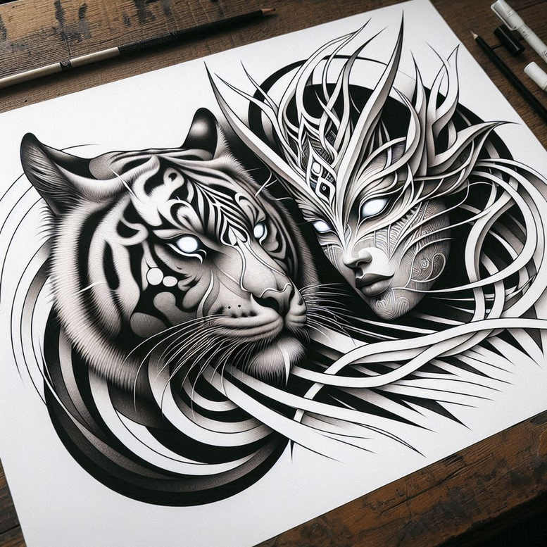 tribal-tiger – tattoo design ideas free ai generated – neotraditional-refined-lines – for-arm – Gallery: tigers-inkby-ai