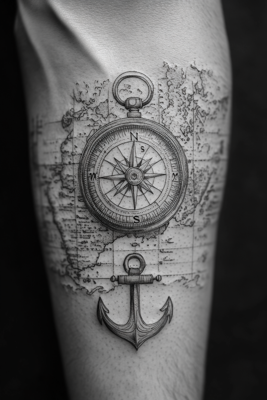 travels tattoo design ideas Realism precise gradient antique compass for forearm