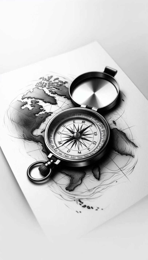 Compass with a world map sketch on white paper in black and grey tones; tattoo project idea, suitable for a cover-up.