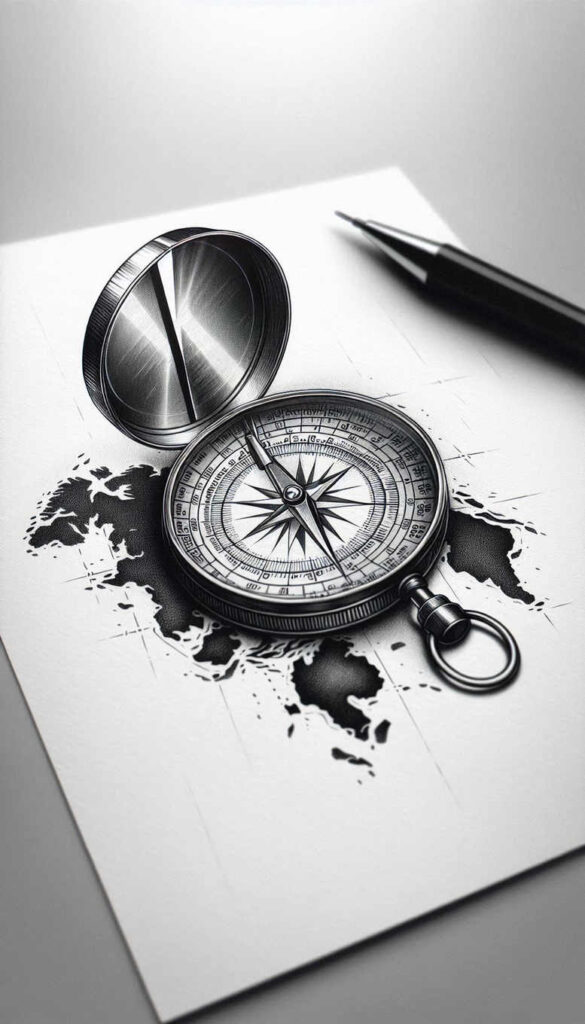Compass, map, and pen on white paper; black and grey tattoo project idea, not ideal for cover-up.
