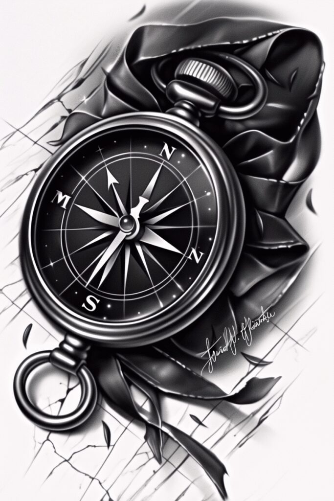 Compass pocket watch style tattoo design in black and grey with a circular compass rose, ring, chain, leaves, and cracked background; cover-up ready.
