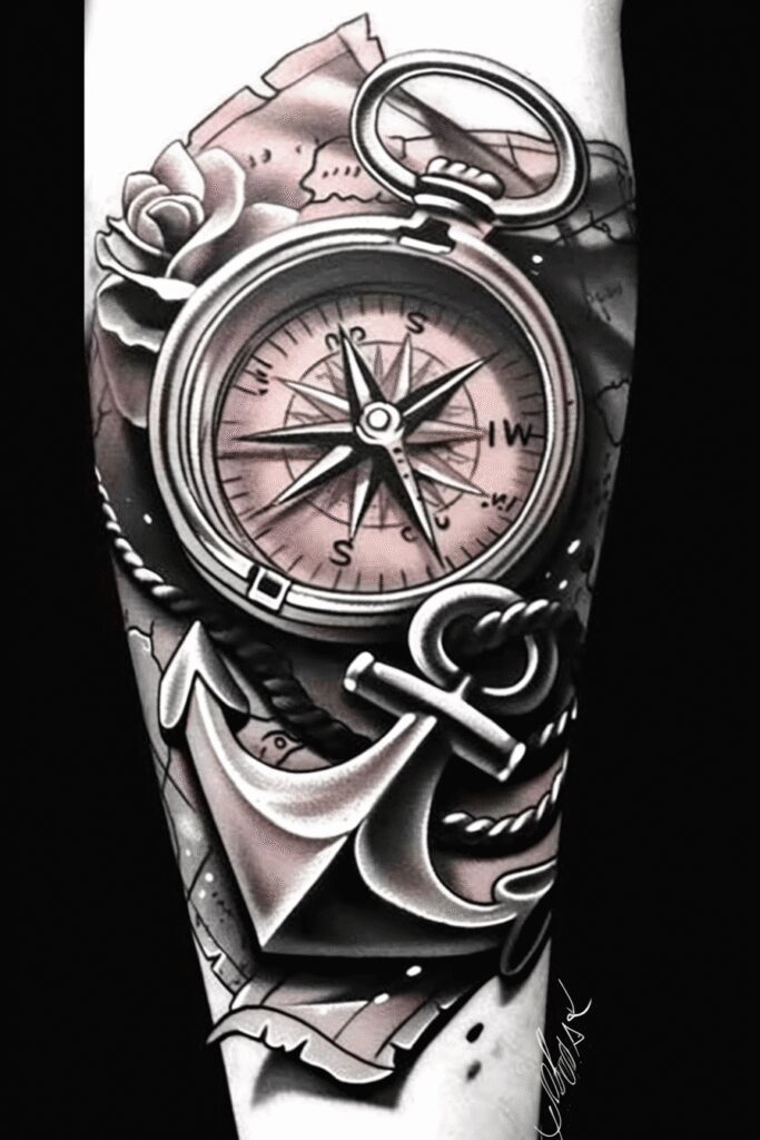 Compass, anchor, rope, and rose tattoo on forearm in black and grey; tattoo design project, cover-up suitable.