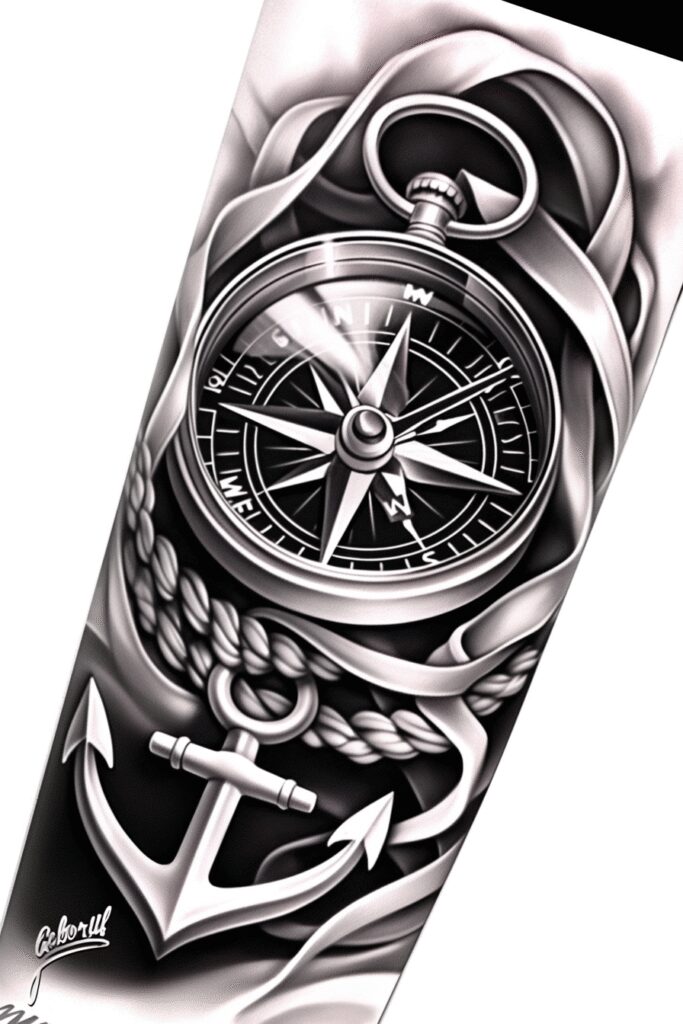 Compass, anchor, and rope coils in black and grey on forearm; AI-generated tattoo project; bold, high-contrast design with cover-up potential.