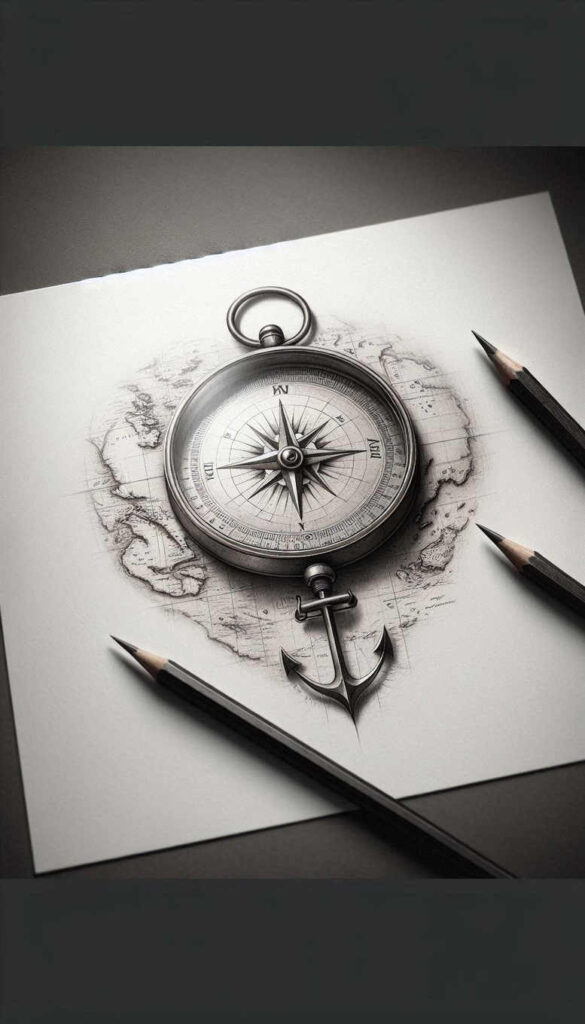 Compass tattoo design on white paper with anchor, pencil lines, and map-like shading in black and grey; tattoo idea, not specifically for cover-up.