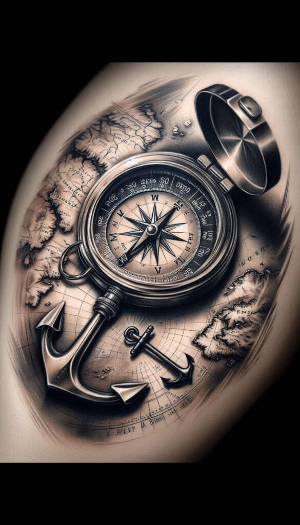 Compass, anchor, map — black and grey realism; tattoo design idea, cover-up suitable.