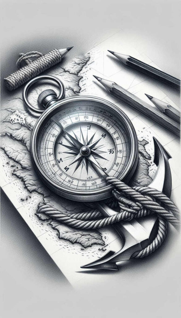 Compass, rope, anchor on parchment with map lines; black and grey; AI-generated tattoo project; cover-up capable.
