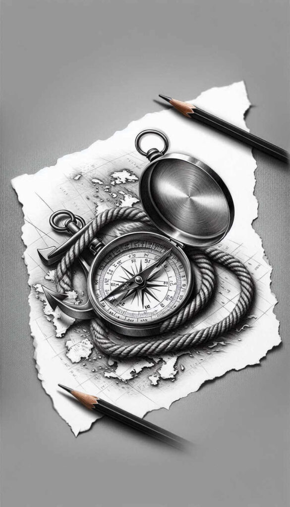Compass, rope, anchor, torn map on paper, and pencils; black and grey shading; AI-generated tattoo project idea.