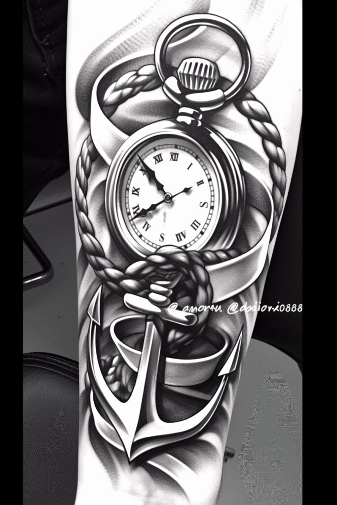 Black and grey pocket watch, rope, and anchor tattoo; tattoo project; cover-up suitable.